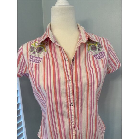 No Boundaries 90s Y2K Pink Striped Embroidered Skeleton Skull Button Down M/L - Picture 12 of 16